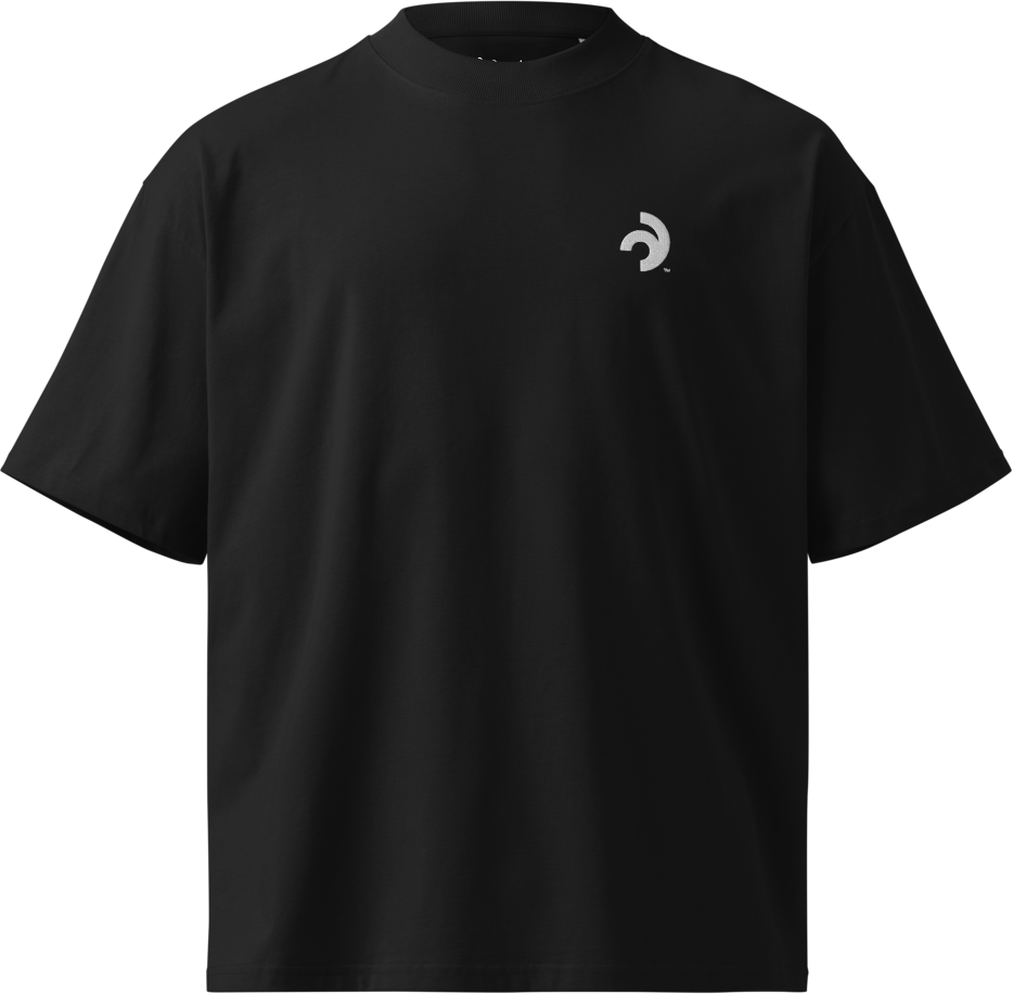 GuusLab tee in black, front, with the mark embroidered on the left chest