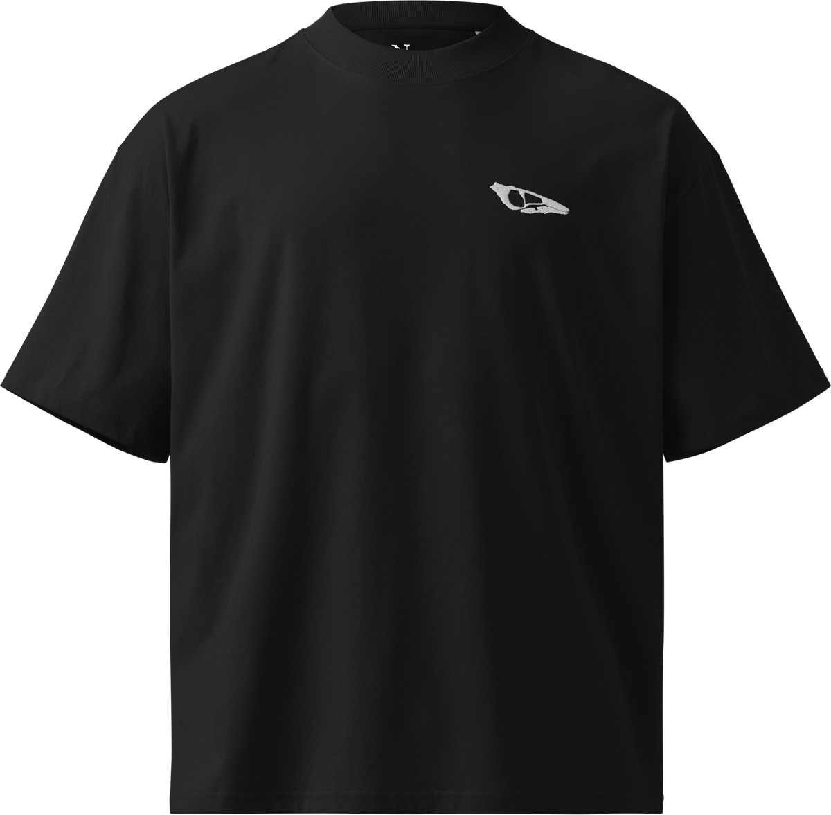 T-2 tee in black, front, with the Nemi logomark embroidered on the left chest