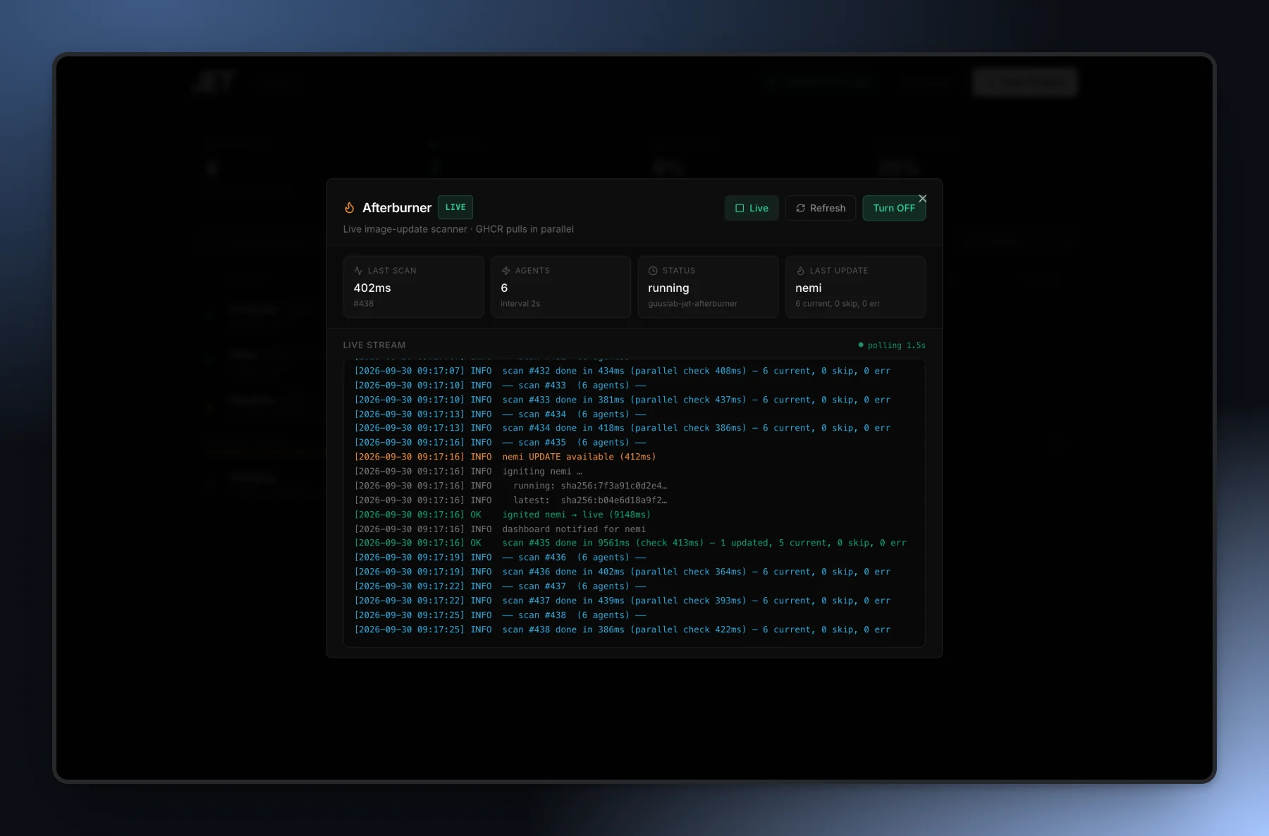 The Afterburner panel with its live log, showing a new Nemi image picked up and brought live