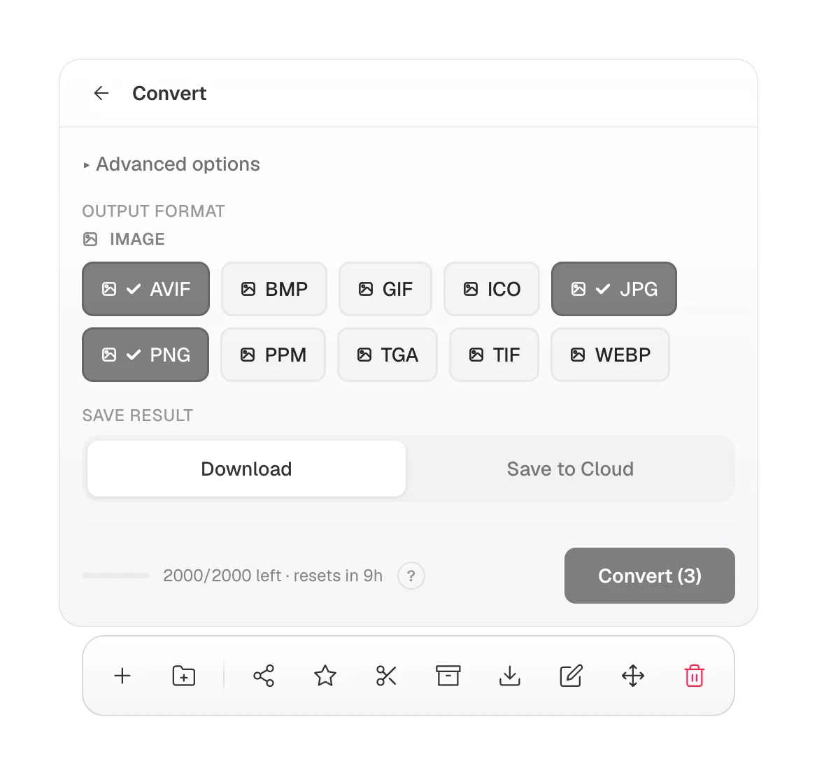 The Nemi conversion panel with output formats and save options