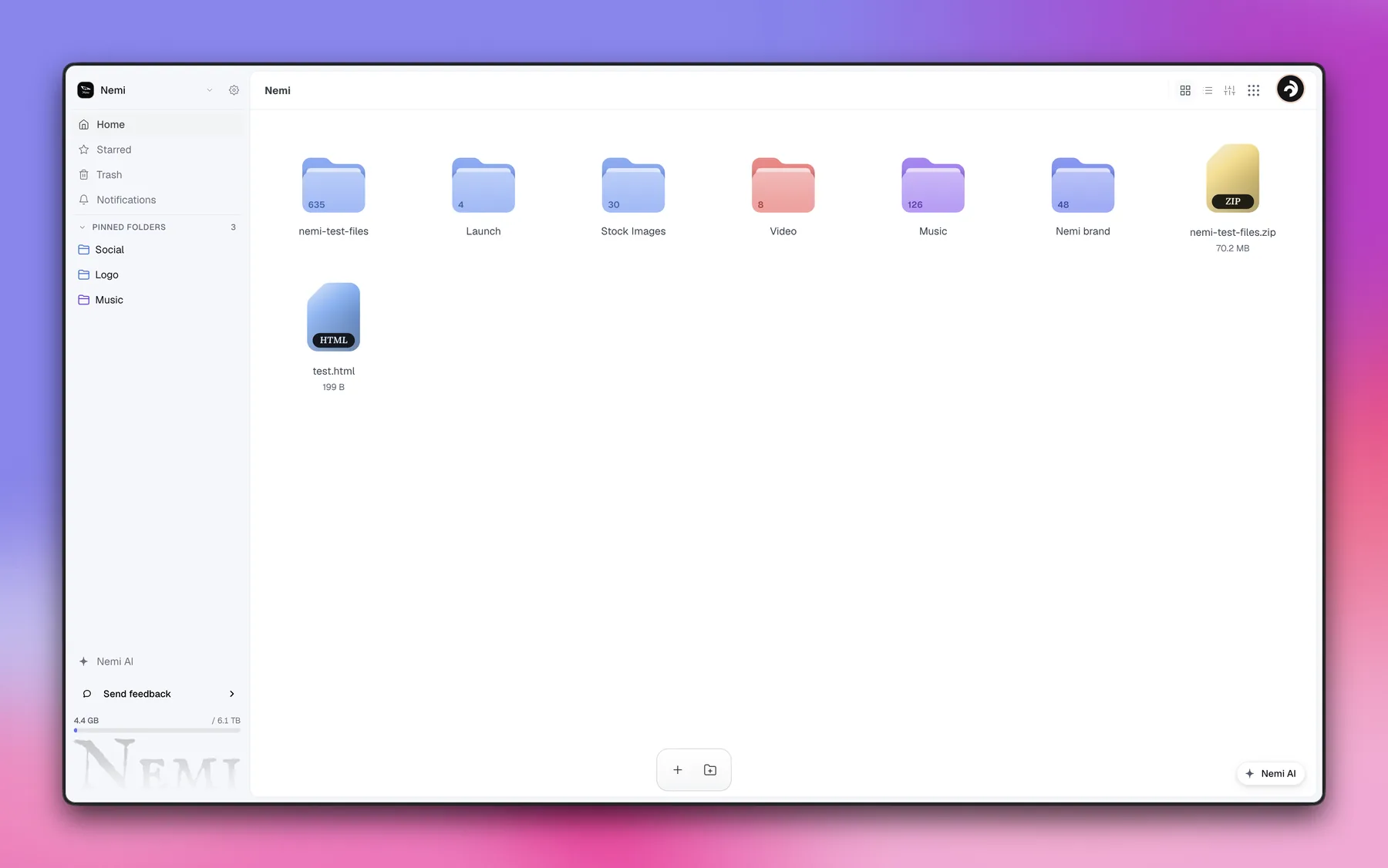 The Nemi workspace, showing folders, storage and the app switcher