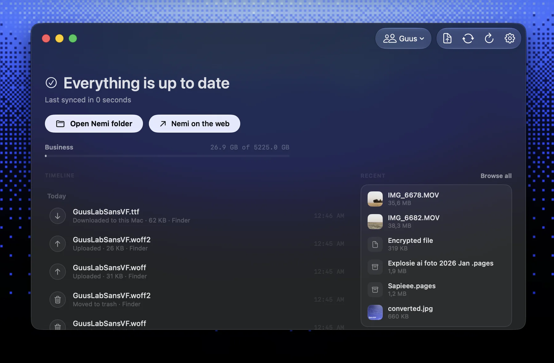 NemiLink, the macOS app, showing sync status and a file timeline