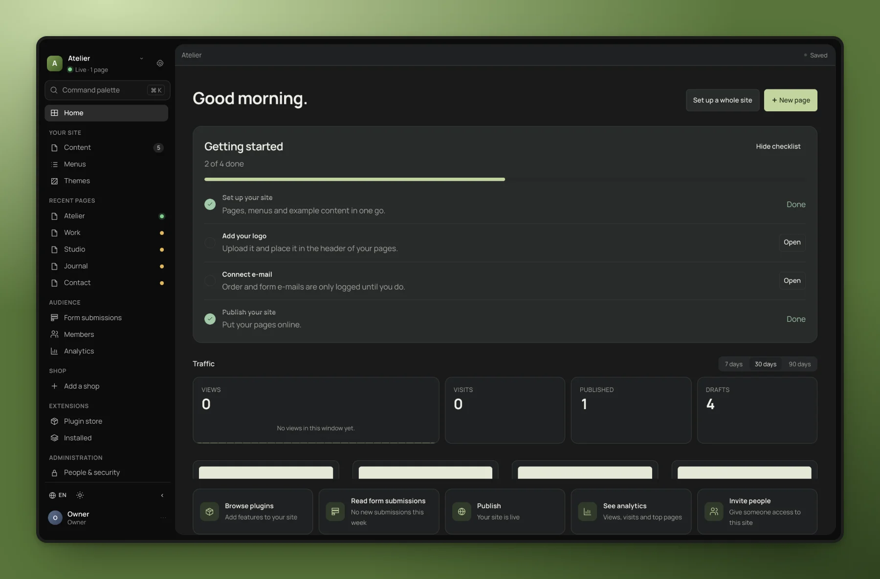 The Stride admin home with a getting-started checklist and traffic figures