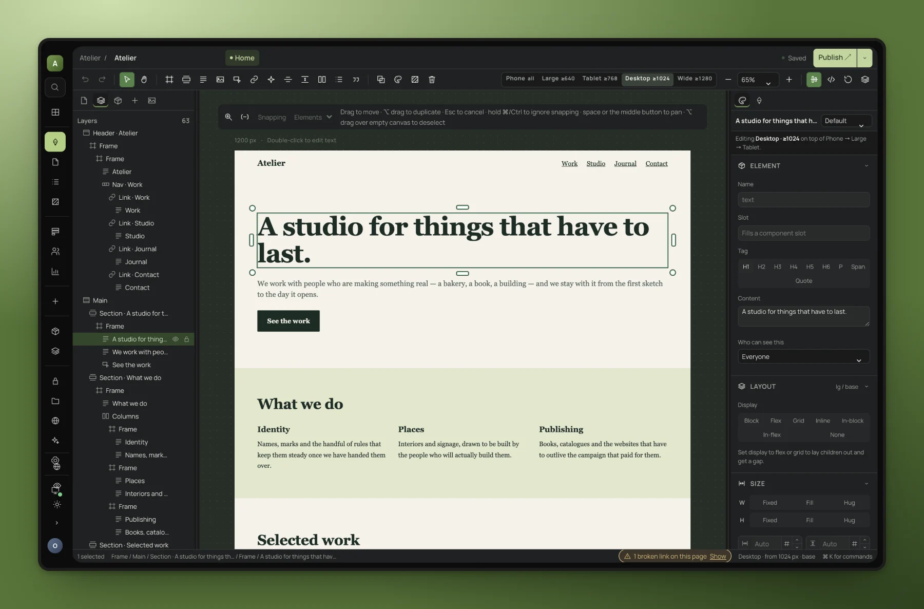 The Stride editor with a studio page on the canvas, its layers on the left and the inspector on the right